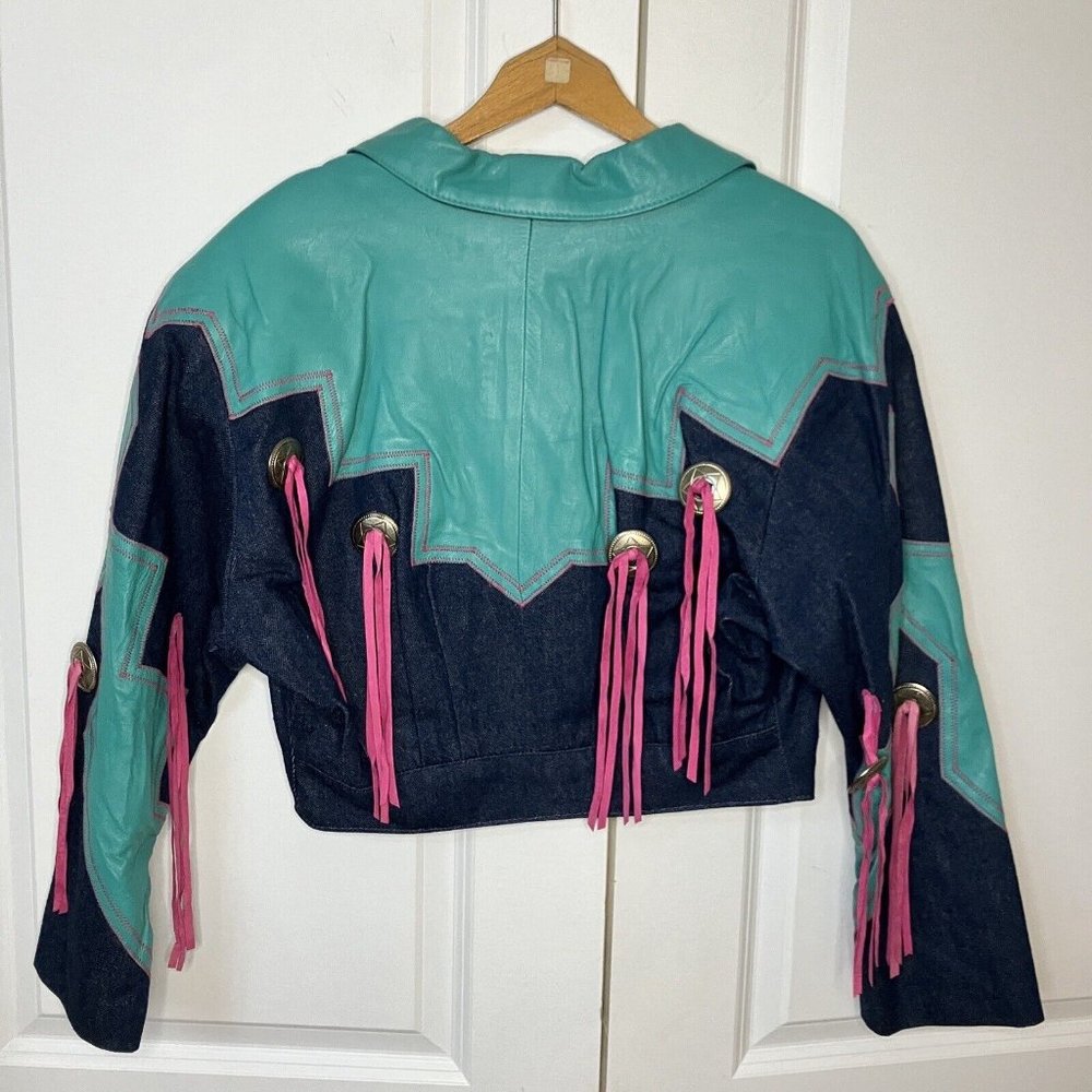 Vintage Diamond Denim & Leather Western Bright Fringe Cowboy Cowgirl Crop Jacket - Picture 6 of 11